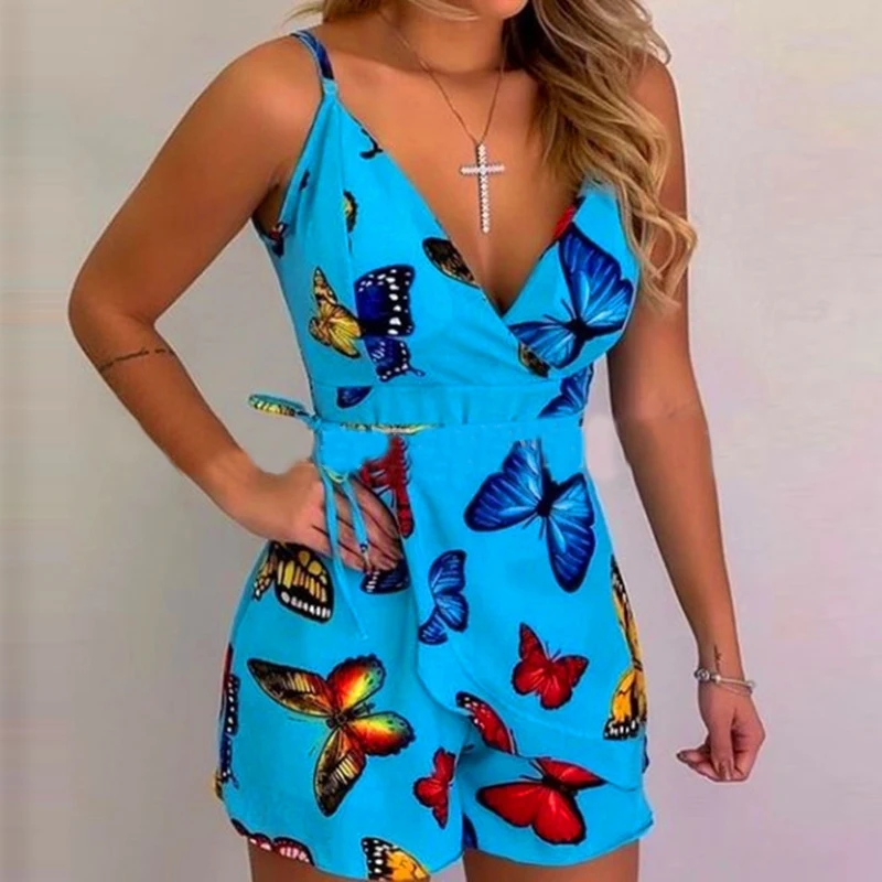 Mono Sexy con cuello en V y tirantes finos para mujer, pelele corto con estampado Floral para mujer, traje de playa sin mangas con volantes, moda