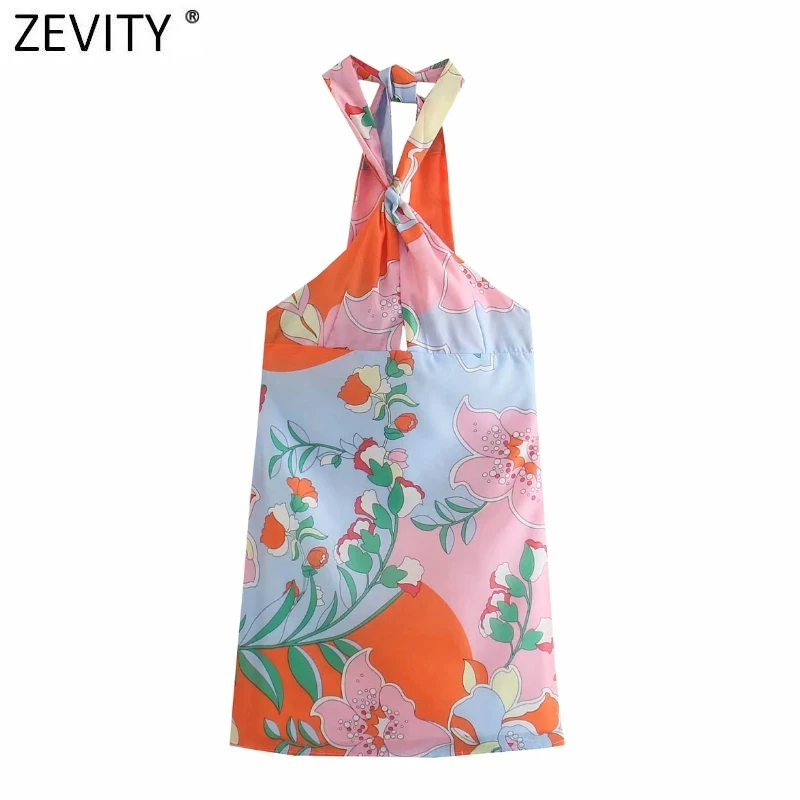 Zevity New Women Sexy Knotted Design Floral Print Halter Mini Dress Female Chic Side Zipper Slim Summer Party Vestidos DS8799