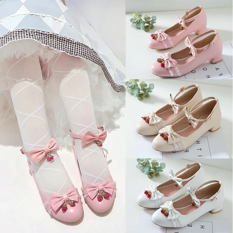 Fashion Cosplay Party Princess Lolita Women Shoes Low Heel Mary Jane Butterfly-Knot Block Pumps Shining Strawberry Pendant