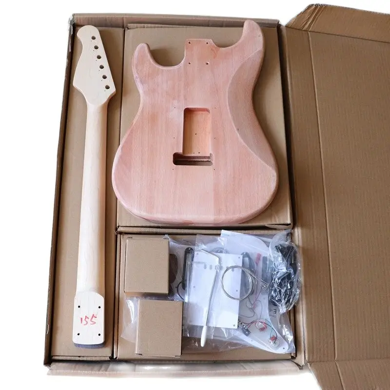 ST Electric Guitar Body & Neck Kit Okoume Wood Barrel Maple Neck 22 Frets White Pickguard Unfinished Project DIY Guitar Parts