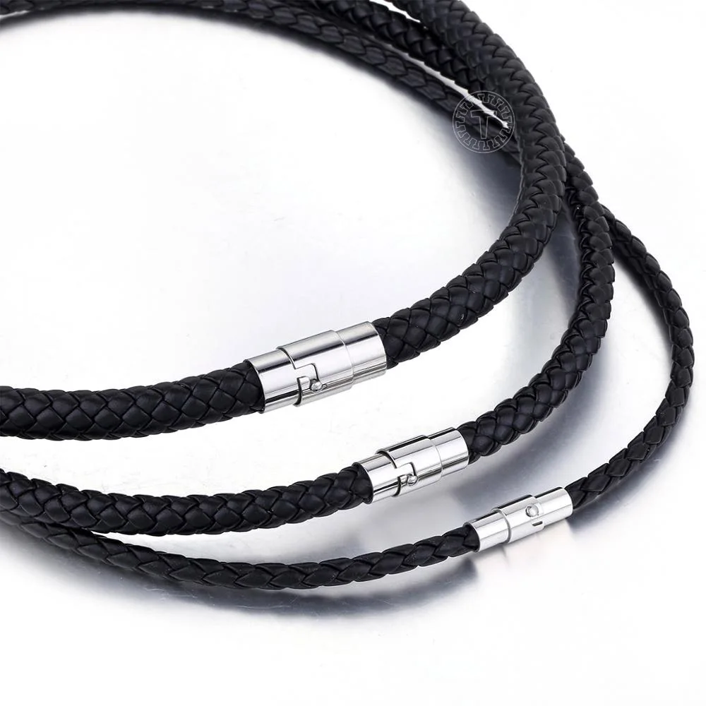 Mens Necklace Choker Brown Black Braided Cord Rope Artificial Leather Necklace For Men Stainless Steel Clasp 4/6/8mm LUNM09