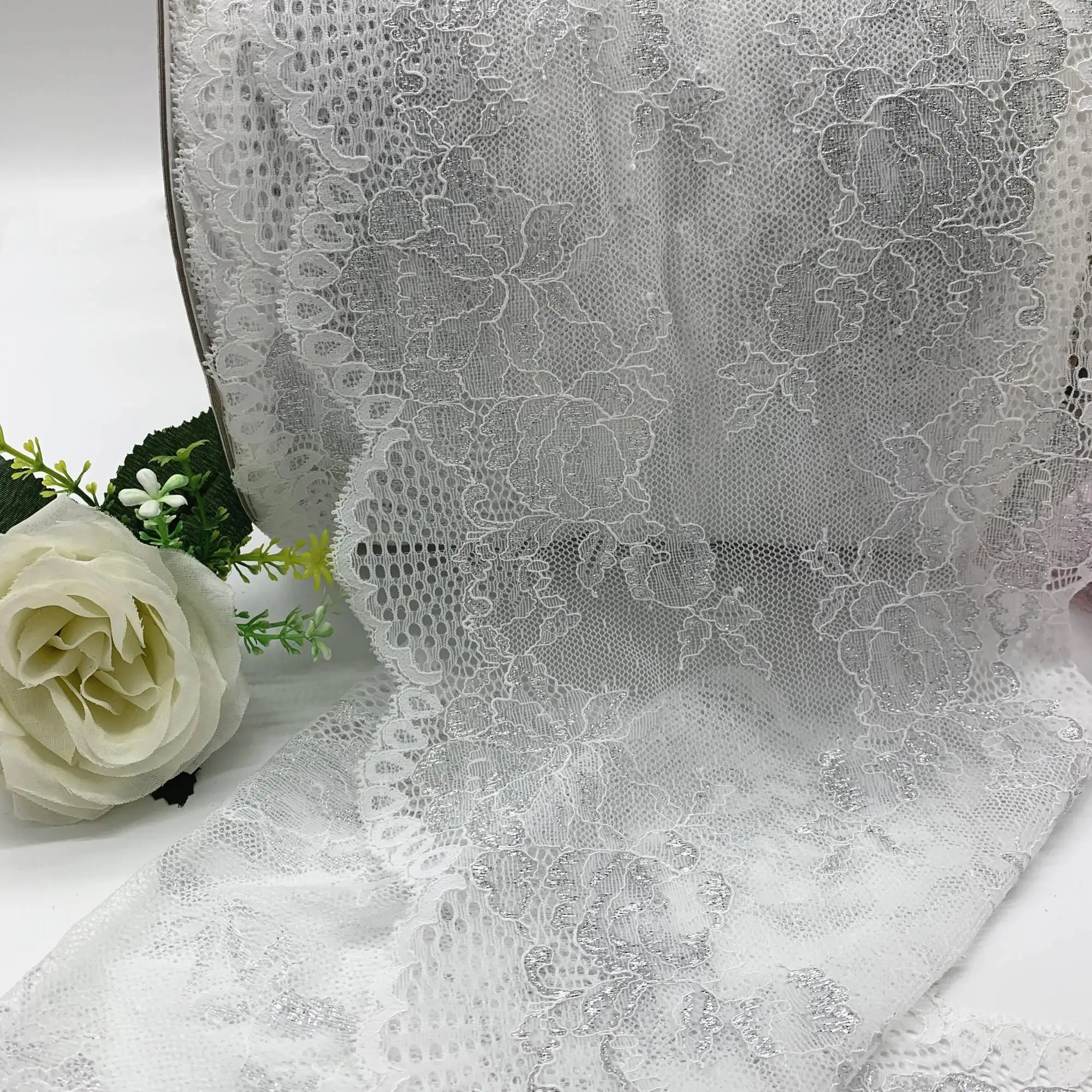 3y/lot Width 23.60cm White Silver Elastic Stretch Lace trim Skirt Hem Underwear Sewing Craft DIY Apparel Fabrics Lace Wholesales