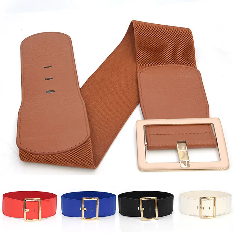 Gold Square Buckle Women Waist Belt Fashion Wide Elastic Belt Dress Accessories Belts for Women Luxury Decorative Waistband 2020