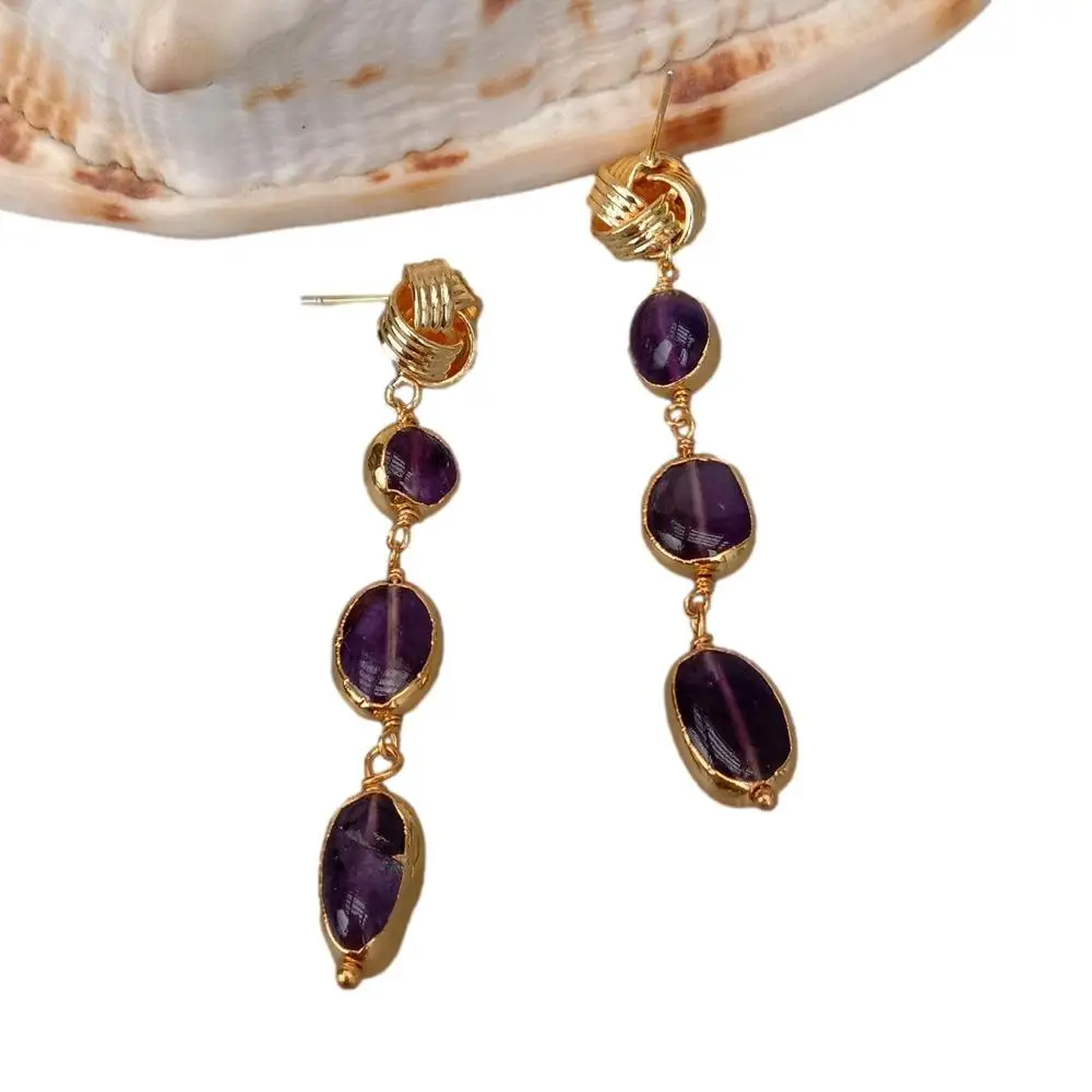 YYGEM Natural Purple Amethyst Freeform With Electroplated Dangle Handmade wrap stud Earrings
