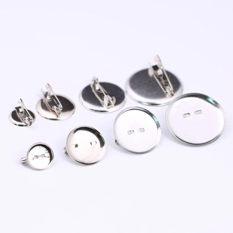 50pcs Metal 13mm 18mm 23mm 28mm Round Brooch Base Cabochon Blanks Trays with Brooch Pins Cameo Cabochon Base Setting