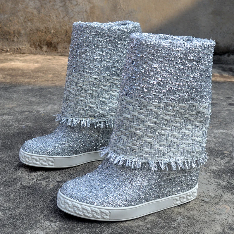 Women Silver Bling Woolen Cloth 80mm Inner Wedge Heels Mid-Calf Boots Foldover Round Toe Height Increasing Slip On Boots