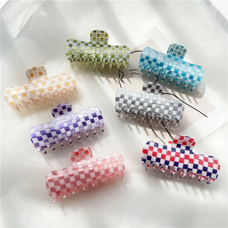 New Acetate Checkered Hair Claw Shark Clip Ins Large Size Big Clamps Mosaic Plaid Grid Geometric Grab Women Hair Accessories