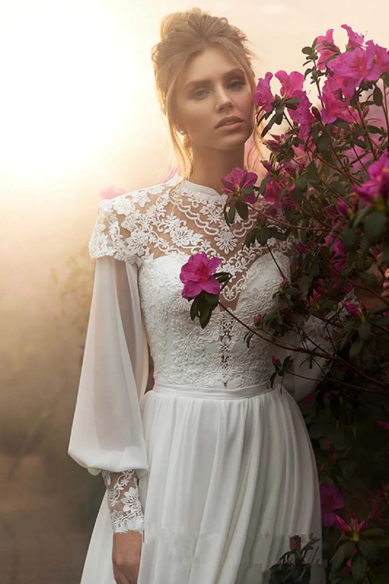 DREAM-vestidos de novia bohemios de gasa, mangas largas acampanadas, personalizados, cuello alto, Apliques de encaje, vestido de novia musulmán Vintage, 2025