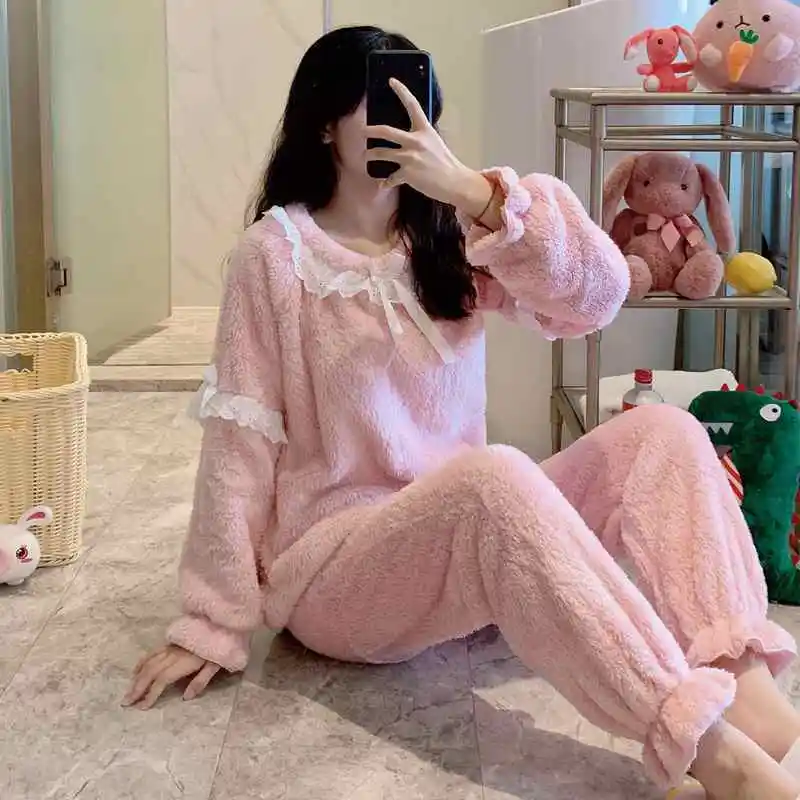 Female 2PCS Pajamas Sets Warm Sleepwear Shirt&Pants Flannel Nightwear Lounge Nightgown Coral Fleece Lingerie Home Clothing