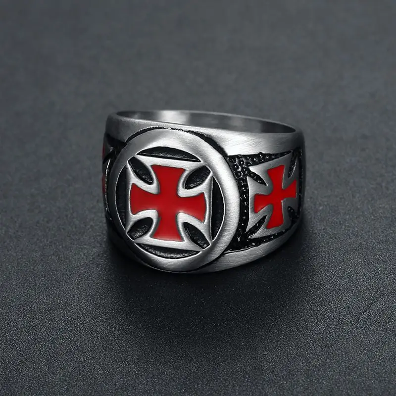 Men\'s Rings Black red color Stainless Steel Red Armor Shield Knight Templar Crusader Cross Ring Punk Jewelry Drop Shipping