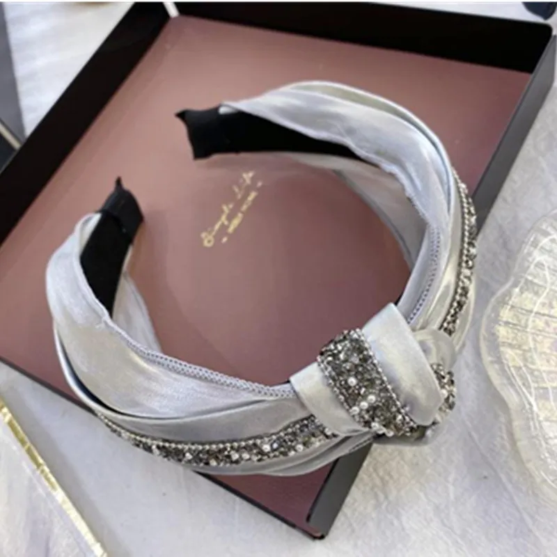 

Широкий ободок для волос с серыми жемчужинами и кристаллами для женщин, корейский стиль, однотонный, для взрослых, с узлом, обруч для волос с кристаллами