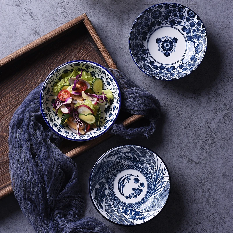 WHYOU-Japanese Ceramic Salad Rice Bowls, Japanese Classical Blue and White Kitchen Tableware, Household Restaurant Soup Noodle