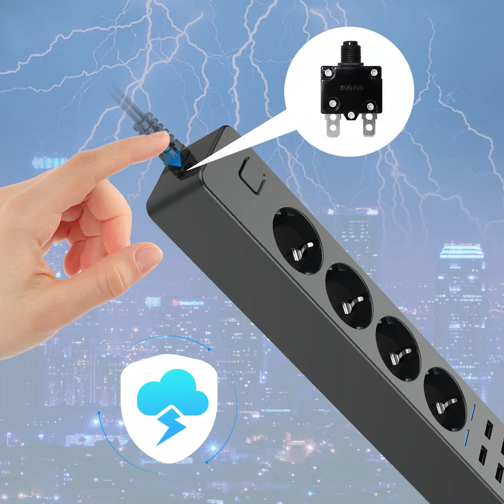 Universal Electrical Socket EU Plug Extension Power Strip HOME Office Surge Protecto 4AC 4USB 5V3.1A 16A 4000W 1.8M/3.0M/5.0M