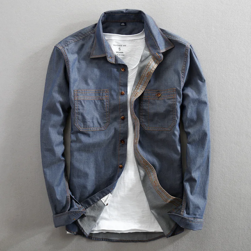 Chemise en jean à manches longues pour homme, en pur coton, coupe ajustée, mode, Denim, vêtements décontractés, haute qualité, deux poches sur la