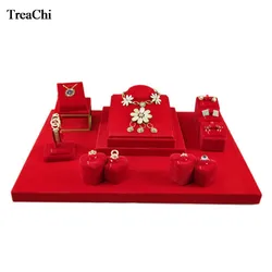 Red Velvet Jewelry Display Counter Showcase Wedding Festival Jewelry Ring Necklace Bracelet Organizer Storage Holder Stand