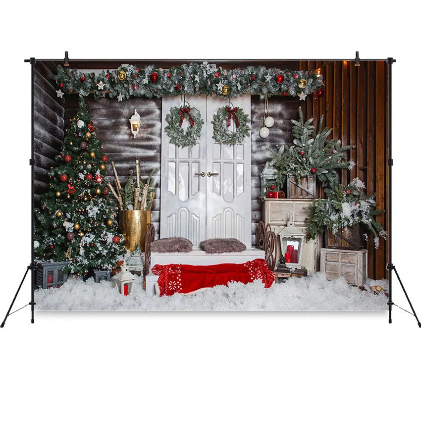 

Mocsicka Christmas Backdrop Outdoor Wood House Photographic Background Snow Christmas Tree Background for Photo Studio