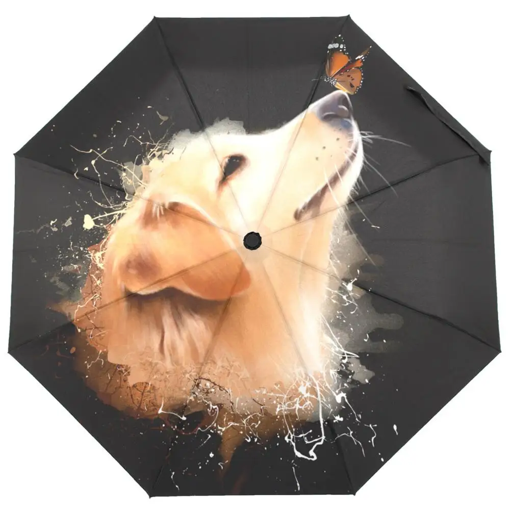 Watercolor Golden Retriever Dog With Butterfly Umbrella Three Folding Big Umbrella Rain Women Automatic Windproof Umbrella Male