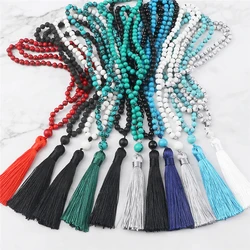 6mm Black Lava Stones Necklaces 108 Beads Natural Pine Stone Mala Tassel Necklace Fashion Jewelry for Women Men Buddhist Gifts