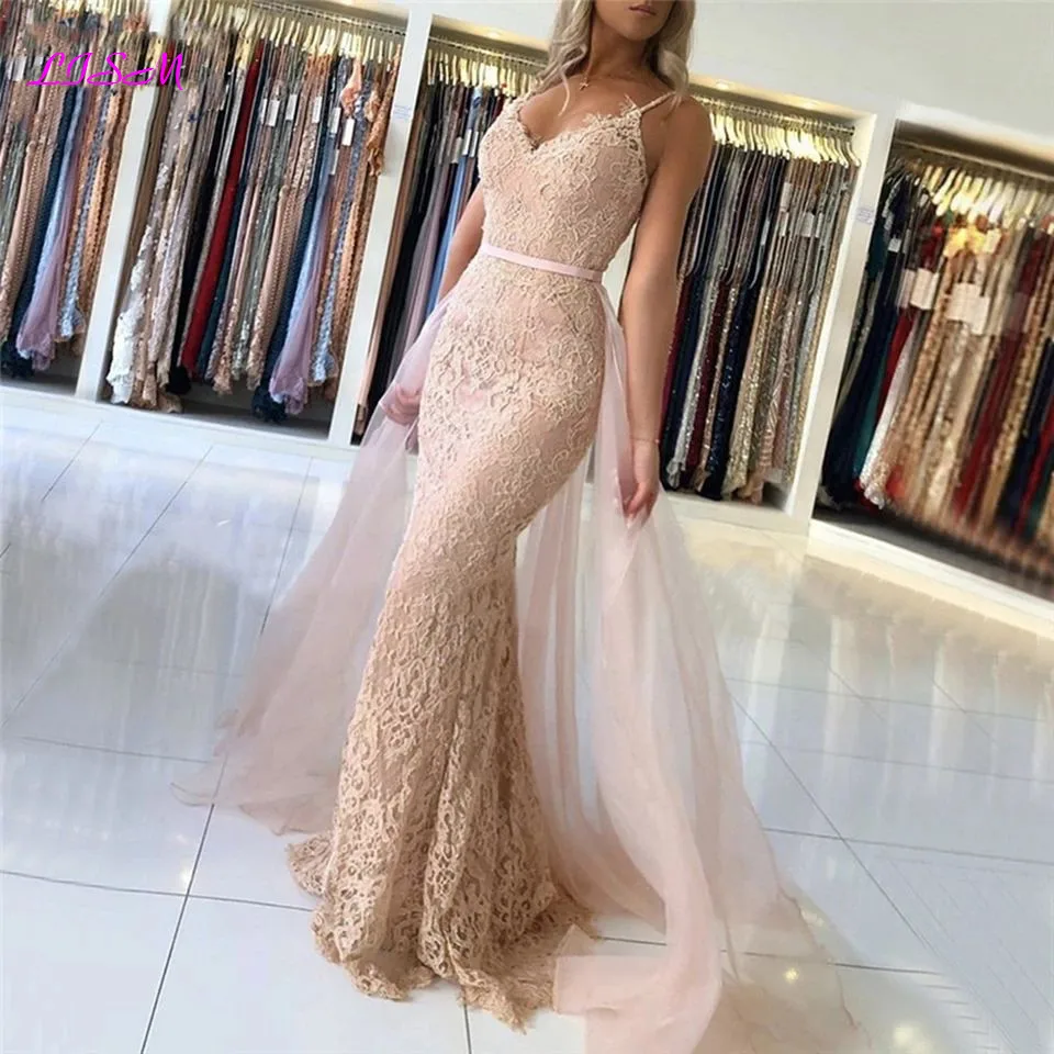 Lace Beaded Mermaid Evening Dresses 2020 Sexy V-Neck Long Tulle Prom Dress Elegant Overskirt Formal Party Gowns Vestido De Festa