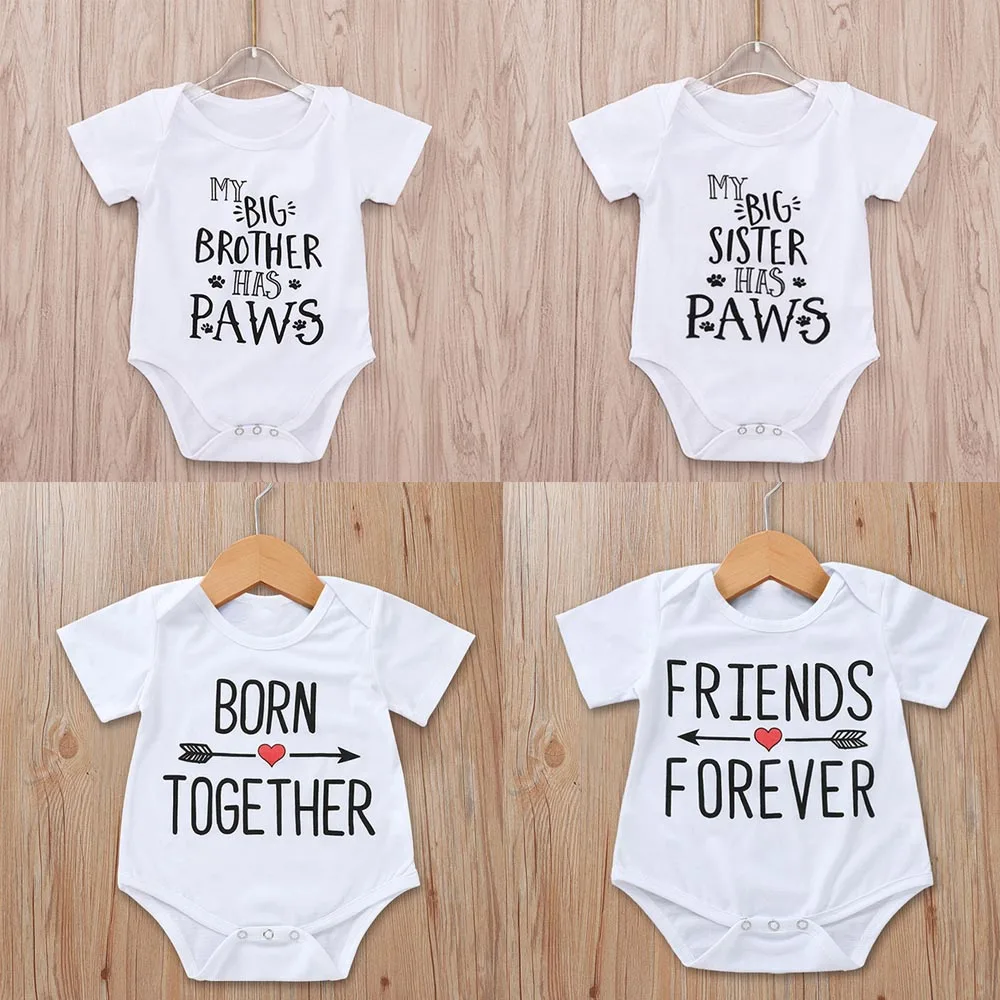 Newborn  Summer Short Sleeve White Bodysuits My Siblings Have Paws Best Friends Tiny Casual Baby Boy Girl Clothes