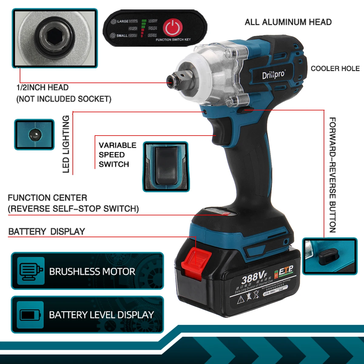 Drillpro 388vf Brushless Cordless Electric Impact Wrench 1/2 inch Power Tool For Home 15000Amh Li Battery For Makita 18V Battery