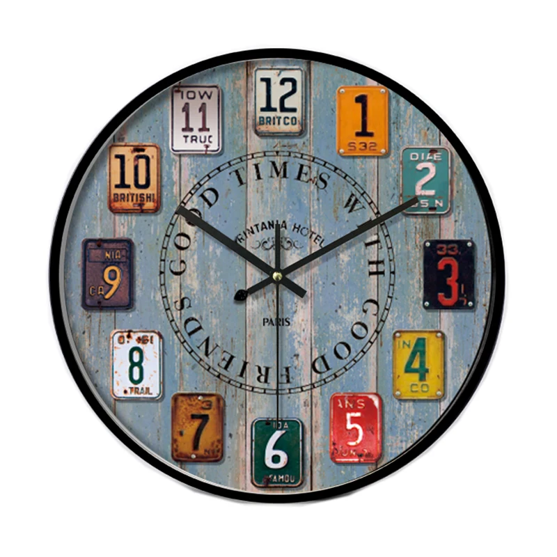 Antique Style Light Blue Wood And Arabic Numerals Face With Black Iron Framed Home Decor 14 Inches Round MDF Wall Clock