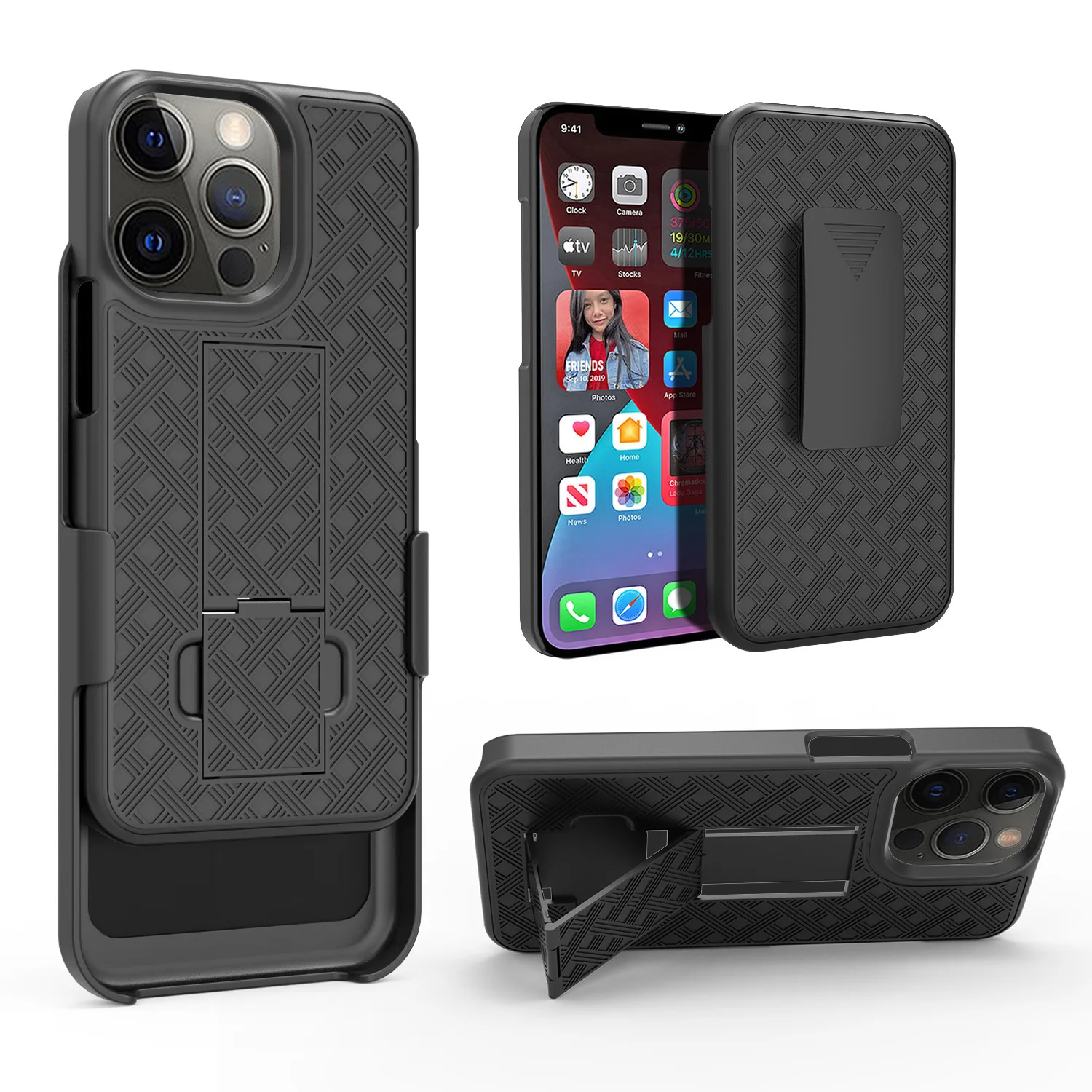 Woven 2 in 1 Hybrid Hard Shell Holster Combo Case With Kickstand & Belt Clip For iPhone 13 Pro Max 6.7 inch 2021 release