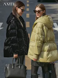 Amii-jaqueta com capuz para mulheres, 90% casaco branco de pato, parkas brilhantes, sobretudo quente, moda, 12141102, inverno