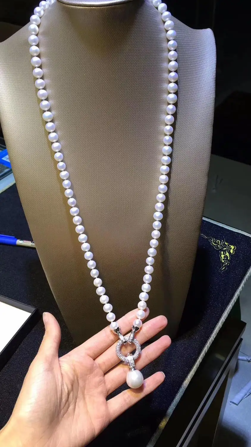 

gorgeous south sea round white 9-10mm pearl necklace pendant 24inch