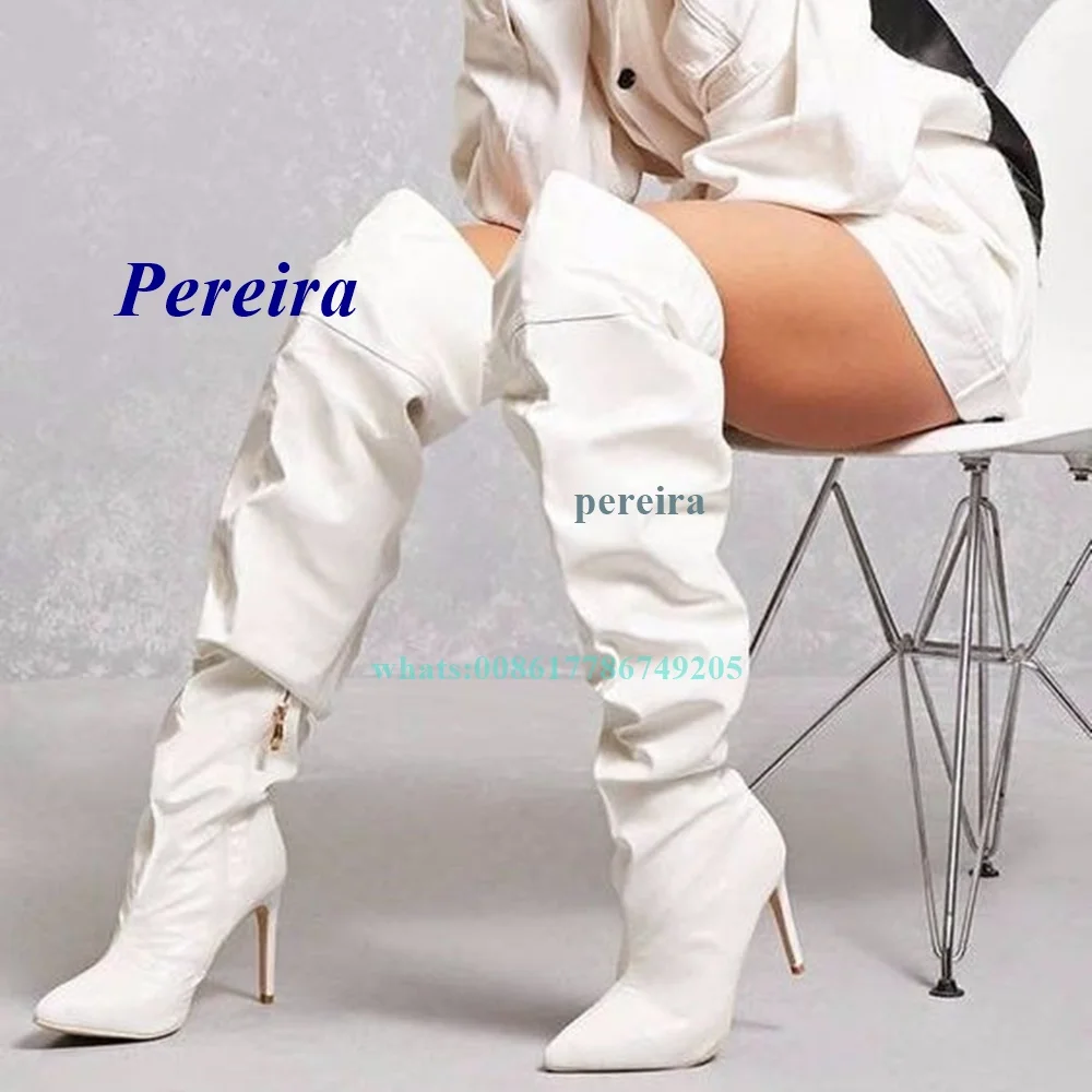 

Pointed Toe Over The Knee Boots Stiletto Side Zipper Pleated High Heels for Plus Size Women Shoes Winter Newborn Sexy White Blue