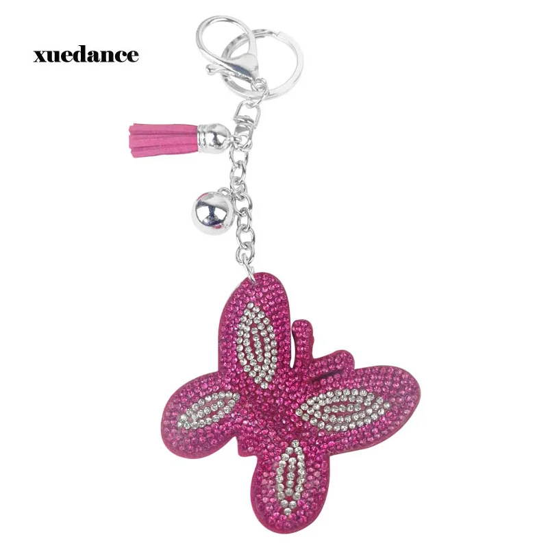 Trend Korean Velvet Rhinestone Butterfly Insect Keychain Pendant Tassel Bag Car Charm Flash  Accessories