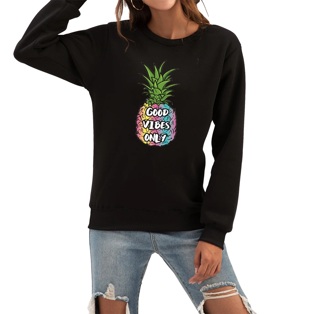 Winter Harajuku Black White Print Long Sleeve Hoody Pullove Women Pineapple Fruit Fun Pattern Hoodies