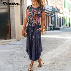Vintage Flower Dress Women O Neck Pocket Casual Dresses For Women Loose Long Dress Ladies Vacation Party Dress