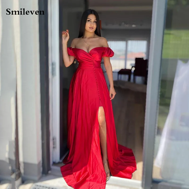 

Smileven Red Formal A Line Evening Dresses Off The Shoulder Satin Side Split Buttons Prom Dress Zipper EveninParty Gowns