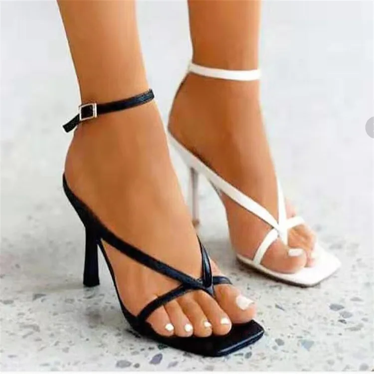 New Summer Sexy women's sexy sandals Black square toe High heeled shoes Toe clamping Stiletto High heel thong sandals Large size