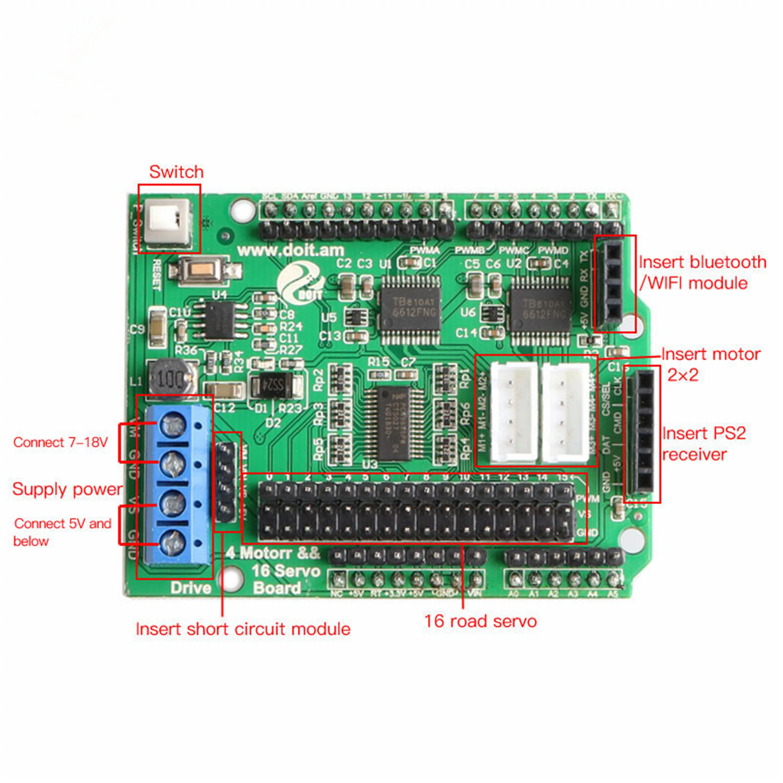 Wireless Controller Kit For RC Robot Arm/Chassis Part 4-Way Motor ＆ 16-Way Servo Drive Motor Free Code,App DIY For Arduino