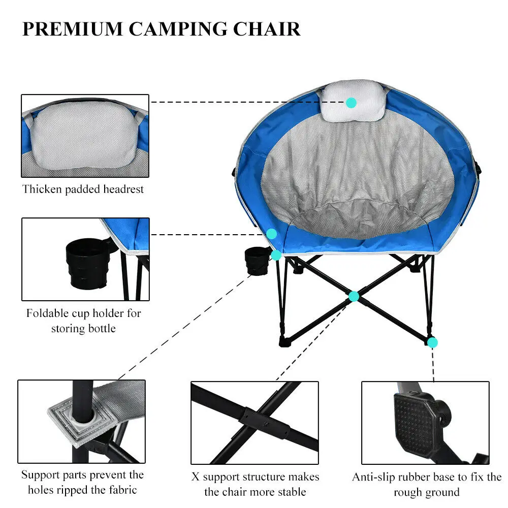 Portable Folding Chair 600D PVC Camping Chair Steel Frame Load-Bearing 350 Lbs with Pillow Sea Blue[US-Depot]