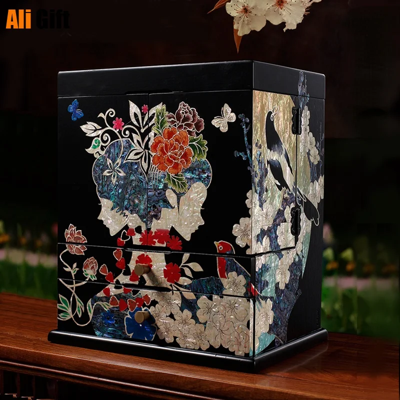 Large Capacity Cosmetic Storage Household Drawer Type Dressing Table Desktop Solid Wood Jewelry Box Organizer 31x22x36cm