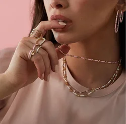 Pastel Enamel Colorful Summer Hot Jewelry Set Geometric Bar Bezel CZ Link Chain Fashion Women Bracelet Necklace