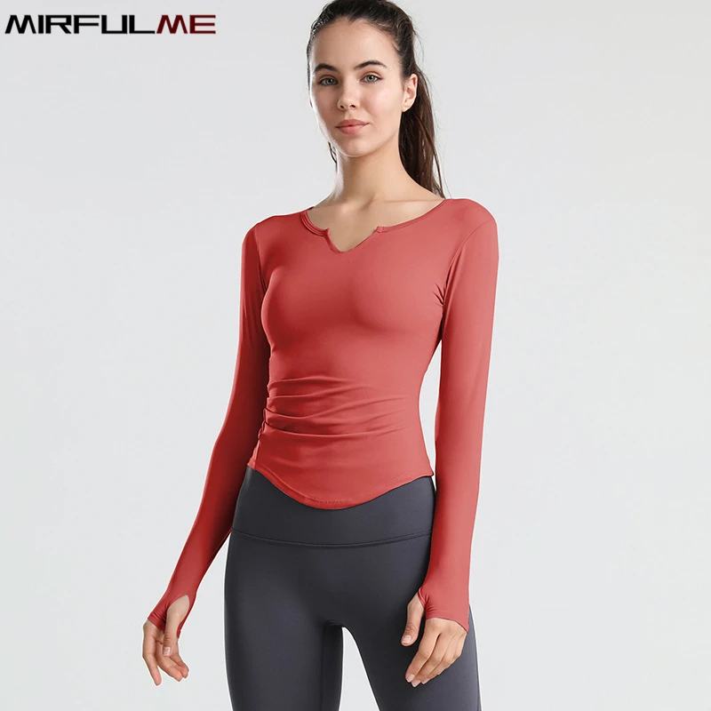 Women Slim Yoga Shirt Long Sleeve Thumb Hole Sport T-Shirt Gym Workout Tops V-Neck Fold Hem Running Sweatshirts Sportwear Female