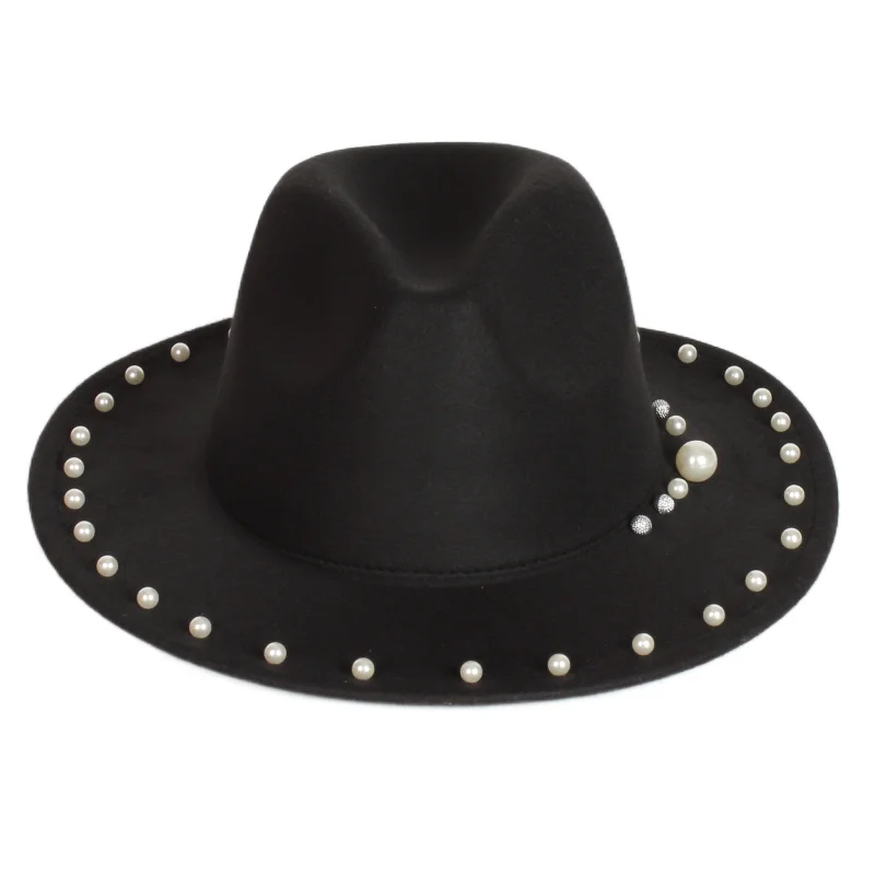 

Wholesale Vintage Lady And Women Fashion Flat Hat Wide Brim Jazz Fedora Hats for autumn and winter with pearls