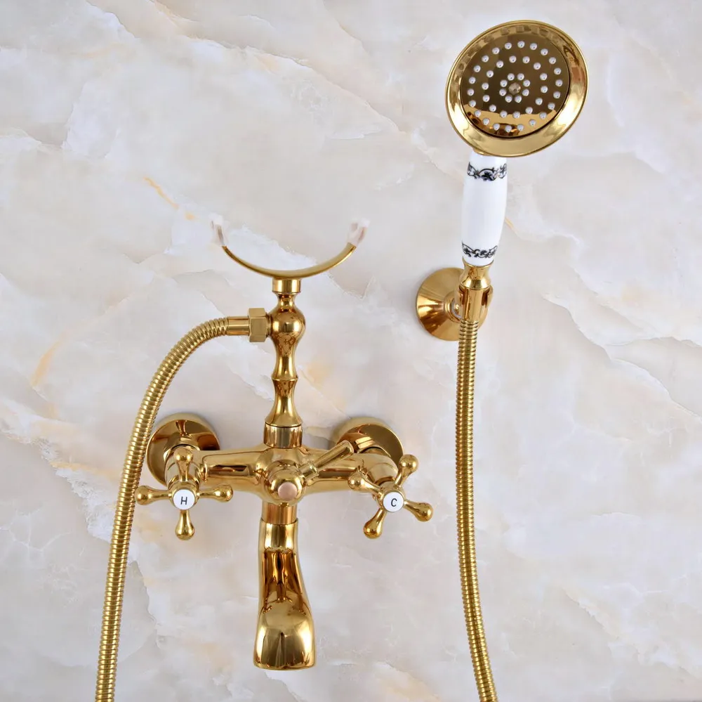 Luxury Golden Brass Double Handle Wall Mounted Bathroom Bath Tub Faucet Set with 1.5M Hand Held Shower Spray Mixer Tap 2na913