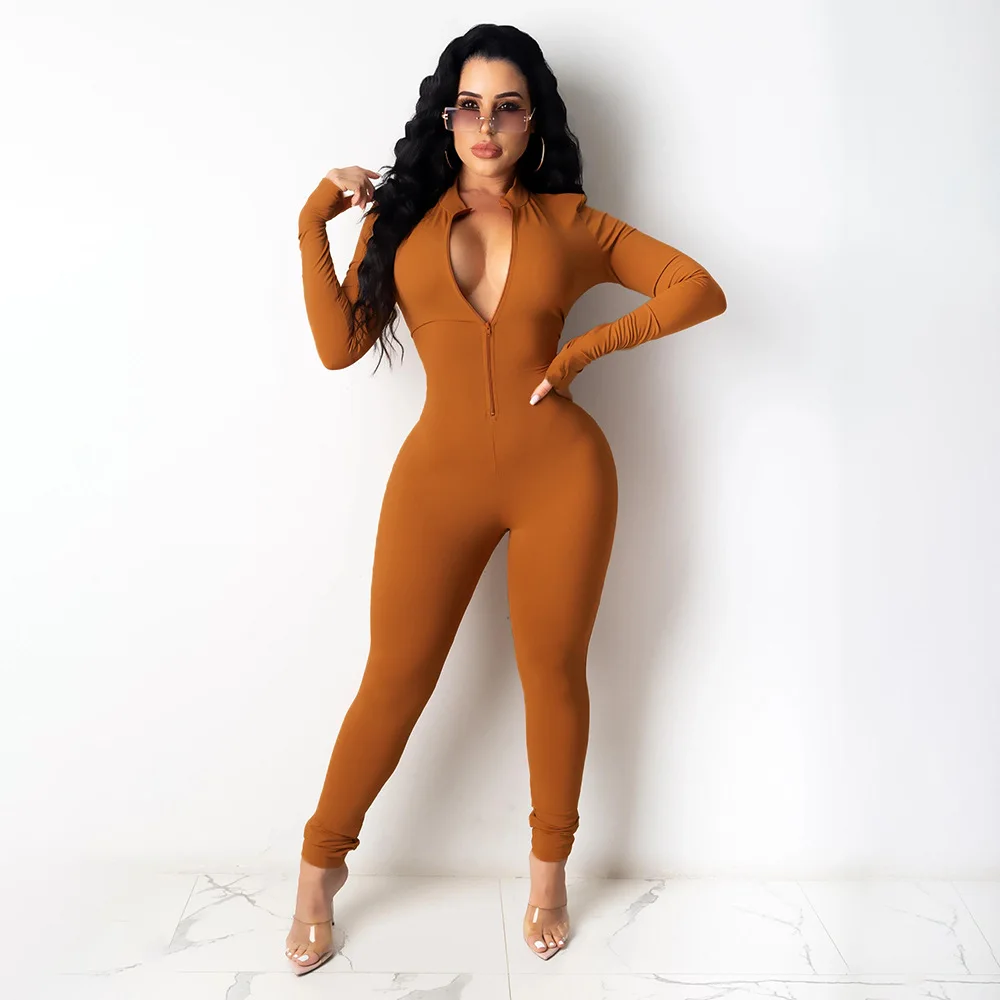 Plus Size Black White Solid Jumpsuit Women Long Sleeve One Piece Outfit V Neek Jumpsuits Female Fitness Zipper Bodycon Jumpsuits