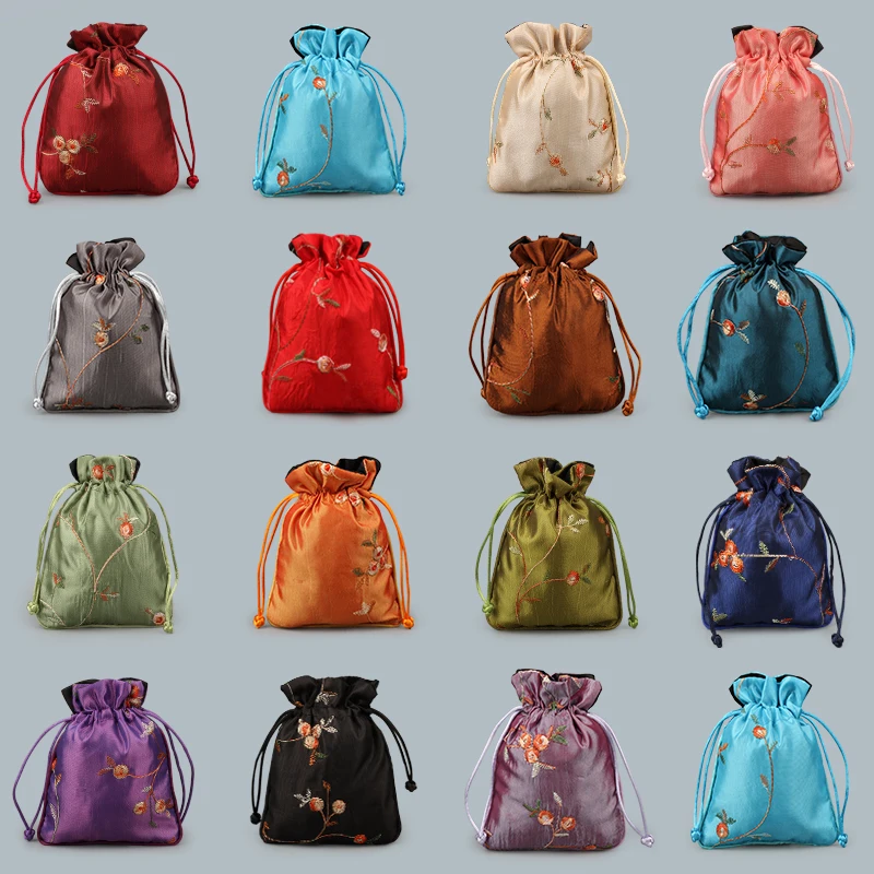 3pcs Small Embroidered Satin Drawstring Gift Bag Wedding Party Candy Favor Women Packaging Silk Jewelry Pouches