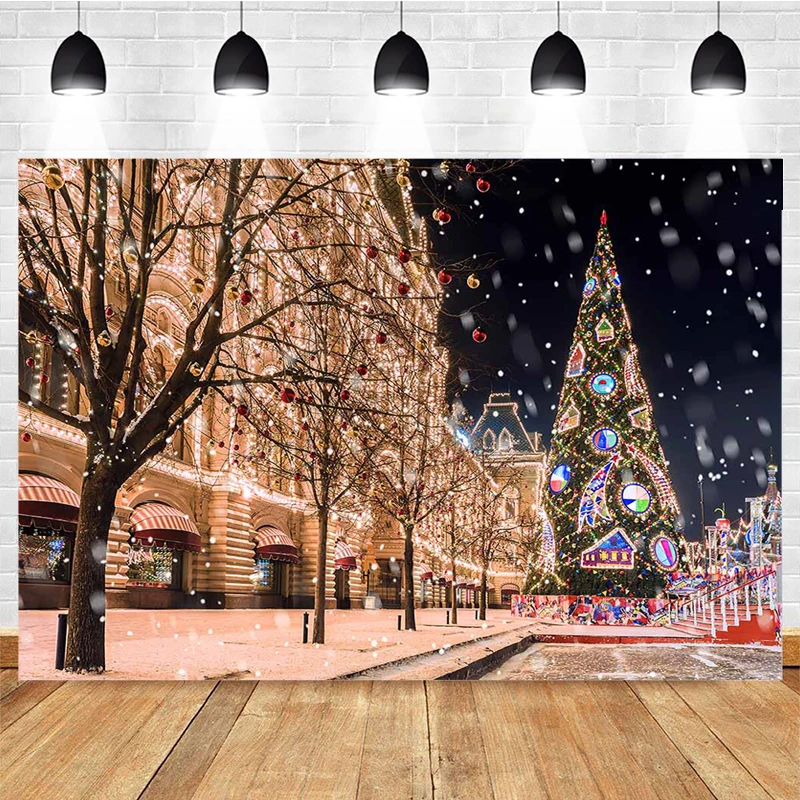 Mocsicka Christmas Photography Background Snowflake Street View Christmas Tree Decoration Props Merry Christmas Backdrop Studio