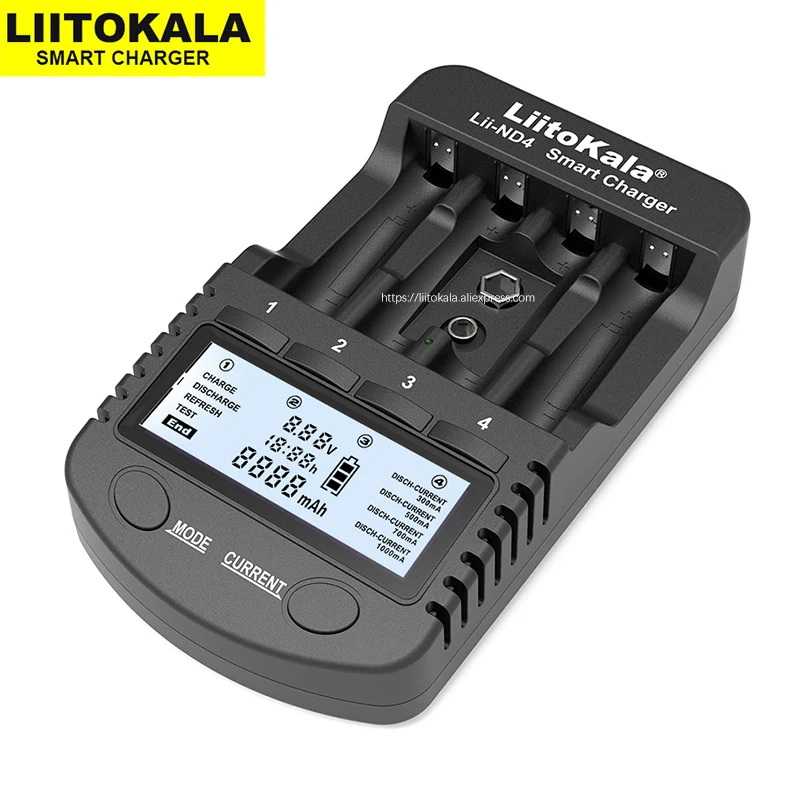 LiitoKala Lii-ND4 NiMH/Cd charger aa aaa charger LCD Display and Test battery capacity For 1.2V aa aaa and 9V batteries.