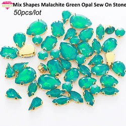 RESEN 50PCS Mix Shapes Malachite Green Opal Rhinestones With Gold Bottom Claw Flatback Stones DIY Clothing Accessories