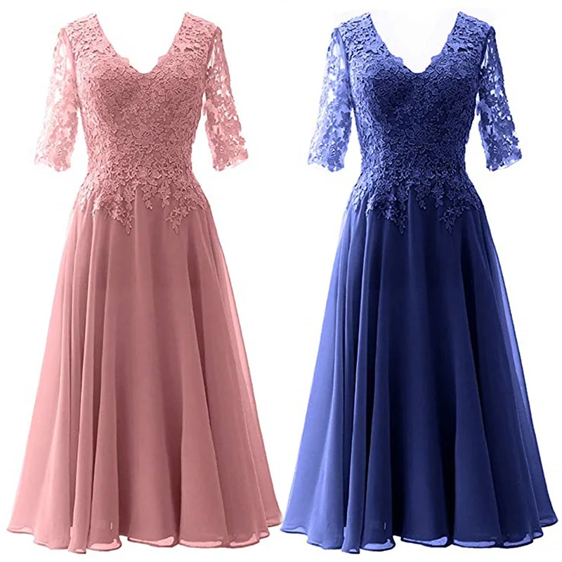 A Line Lace Applique Chiffon Cap Sleeve V Neck Mother Of The Bride Dress Outfits Evening Formal Prom Tea Length Zipper Back