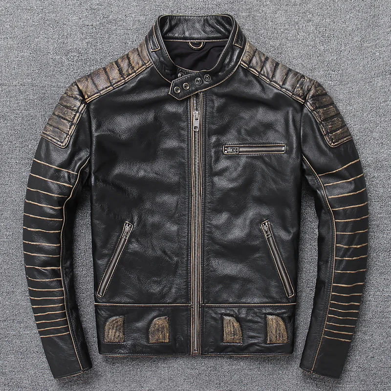 Leather Genuine Jackets Mens New Short Slim Cowhide Vintage Zippers Spliced Pockets O-Neck Fashion Biker Jacket Korean Style