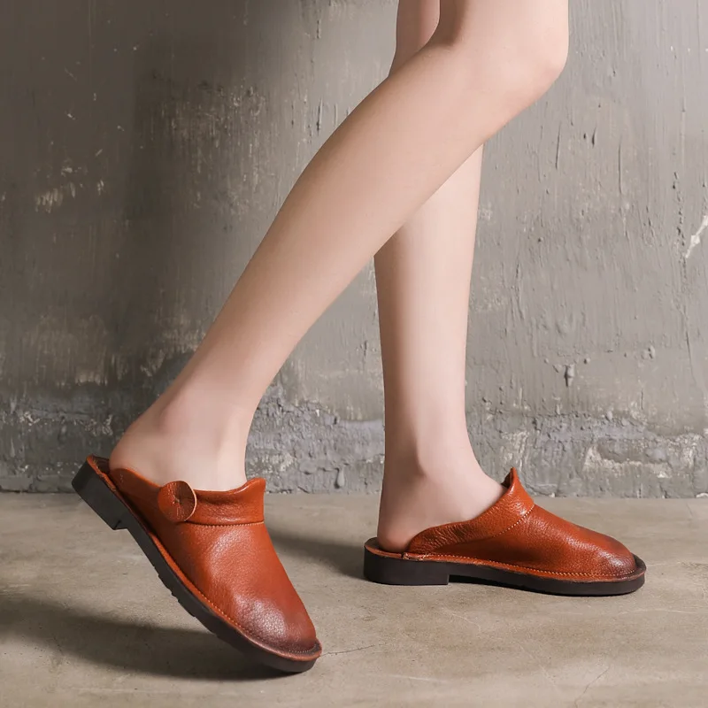 Women Leather Mules 2019 Spring Shoes Ladies White Slippers Genuine Leather Flat Heels Shoes Women Softe Bottom Handmade Mules